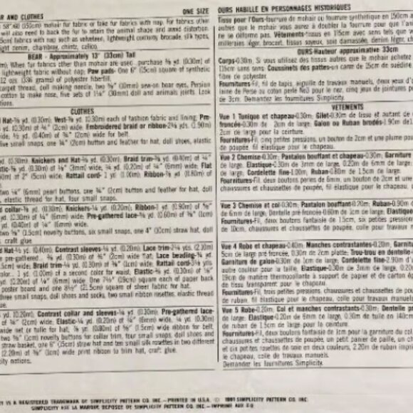 Simplicity Pattern 7711 13" Historical/Renaissance Bears + Clothes - Picture 2 of 2